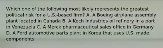 Which one of the following most likely represents the greatest political risk for a U.S.-based firm? A. A Boeing airplane assembly plant located in Canada B. A Koch Industries oil refinery in a port in Venezuela C. A Merck pharmaceutical sales office in Germany D. A Ford automotive parts plant in Korea that uses U.S. made components