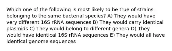 Which one of the following is most likely to be true of strains belonging to the same bacterial species? A) They would have very different 16S rRNA sequences B) They would carry identical plasmids C) They would belong to different genera D) They would have identical 16S rRNA sequences E) They would all have identical genome sequences