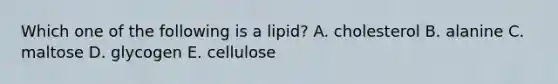 Which one of the following is a lipid? A. cholesterol B. alanine C. maltose D. glycogen E. cellulose