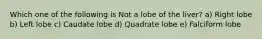 Which one of the following is Not a lobe of the liver? a) Right lobe b) Left lobe c) Caudate lobe d) Quadrate lobe e) Falciform lobe