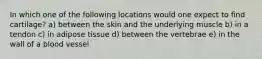 In which one of the following locations would one expect to find cartilage? a) between the skin and the underlying muscle b) in a tendon c) in adipose tissue d) between the vertebrae e) in the wall of a blood vessel