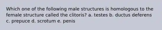 Which one of the following male structures is homologous to the female structure called the clitoris? a. testes b. ductus deferens c. prepuce d. scrotum e. penis