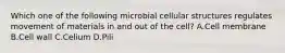 Which one of the following microbial cellular structures regulates movement of materials in and out of the cell? A.Cell membrane B.Cell wall C.Celium D.Pili