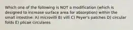 Which one of the following is NOT a modification (which is designed to increase surface area for absorption) within the small intestine: A) microvilli B) villi C) Peyer's patches D) circular folds E) plicae circulares