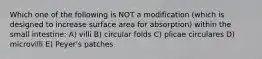 Which one of the following is NOT a modification (which is designed to increase surface area for absorption) within the small intestine: A) villi B) circular folds C) plicae circulares D) microvilli E) Peyer's patches