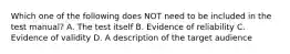 Which one of the following does NOT need to be included in the test manual? A. The test itself B. Evidence of reliability C. Evidence of validity D. A description of the target audience