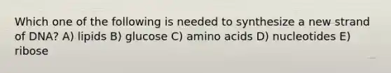 Which one of the following is needed to synthesize a new strand of DNA? A) lipids B) glucose C) amino acids D) nucleotides E) ribose