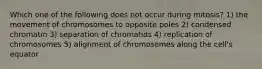 Which one of the following does not occur during mitosis? 1) the movement of chromosomes to opposite poles 2) condensed chromatin 3) separation of chromatids 4) replication of chromosomes 5) alignment of chromosomes along the cell's equator