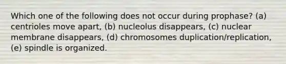 Which one of the following does not occur during prophase? (a) centrioles move apart, (b) nucleolus disappears, (c) nuclear membrane disappears, (d) chromosomes duplication/replication, (e) spindle is organized.