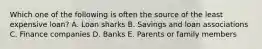 Which one of the following is often the source of the least expensive loan? A. Loan sharks B. Savings and loan associations C. Finance companies D. Banks E. Parents or family members