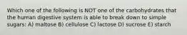 Which one of the following is NOT one of the carbohydrates that the human digestive system is able to break down to simple sugars: A) maltose B) cellulose C) lactose D) sucrose E) starch