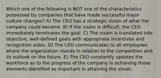 Which one of the following is NOT one of the characteristics possessed by companies that have made successful major culture changes? A) The CEO has a strategic vision of what the company could become. B) If the vision is difficult, the CEO immediately terminates the goal. C) The vision is translated into objective, well-defined goals with appropriate incentives and recognition aides. D) The CEO communicates to all employees where the organization stands in relation to the competition and its outlook on the future. E) The CEO constantly updates the workforce as to the progress of the company in achieving those elements identified as important in attaining the vision.