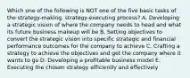 Which one of the following is NOT one of the five basic tasks of the strategy-making, strategy-executing process? A. Developing a strategic vision of where the company needs to head and what its future business makeup will be B. Setting objectives to convert the strategic vision into specific strategic and financial performance outcomes for the company to achieve C. Crafting a strategy to achieve the objectives and get the company where it wants to go D. Developing a profitable business model E. Executing the chosen strategy efficiently and effectively