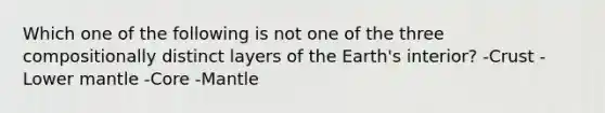 Which one of the following is not one of the three compositionally distinct layers of the Earth's interior? -Crust -Lower mantle -Core -Mantle