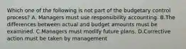 Which one of the following is not part of the budgetary control process? A. Managers must use responsibility accounting. B.The differences between actual and budget amounts must be examined. C.Managers must modify future plans. D.Corrective action must be taken by management