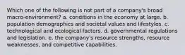 Which one of the following is not part of a company's broad macro-environment? a. conditions in the economy at large. b. population demographics and societal values and lifestyles. c. technological and ecological factors. d. governmental regulations and legislation. e. the company's resource strengths, resource weaknesses, and competitive capabilities.