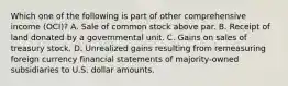 Which one of the following is part of other comprehensive income (OCI)? A. Sale of common stock above par. B. Receipt of land donated by a governmental unit. C. Gains on sales of treasury stock. D. Unrealized gains resulting from remeasuring foreign currency financial statements of majority-owned subsidiaries to U.S. dollar amounts.