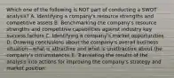 Which one of the following is NOT part of conducting a SWOT analysis? A. Identifying a company's resource strengths and competitive assets B. Benchmarking the company's resource strengths and competitive capabilities against industry key success factors C. Identifying a company's market opportunities D. Drawing conclusions about the company's overall business situation—what is attractive and what is unattractive about the company's circumstances E. Translating the results of the analysis into actions for improving the company's strategy and market position