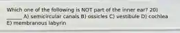 Which one of the following is NOT part of the inner ear? 20) ______ A) semicircular canals B) ossicles C) vestibule D) cochlea E) membranous labyrin