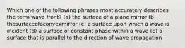 Which one of the following phrases most accurately describes the term wave front? (a) the surface of a plane mirror (b) thesurfaceofaconvexmirror (c) a surface upon which a wave is incident (d) a surface of constant phase within a wave (e) a surface that is parallel to the direction of wave propagation