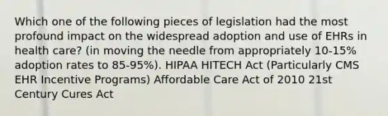 Which one of the following pieces of legislation had the most profound impact on the widespread adoption and use of EHRs in health care? (in moving the needle from appropriately 10-15% adoption rates to 85-95%). HIPAA HITECH Act (Particularly CMS EHR Incentive Programs) Affordable Care Act of 2010 21st Century Cures Act