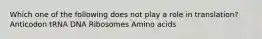 Which one of the following does not play a role in translation? Anticodon tRNA DNA Ribosomes Amino acids