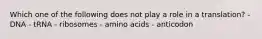 Which one of the following does not play a role in a translation? - DNA - tRNA - ribosomes - amino acids - anticodon