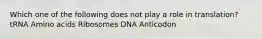 Which one of the following does not play a role in translation? tRNA Amino acids Ribosomes DNA Anticodon