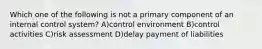 Which one of the following is not a primary component of an internal control system? A)control environment B)control activities C)risk assessment D)delay payment of liabilities