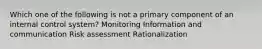 Which one of the following is not a primary component of an internal control system? Monitoring Information and communication Risk assessment Rationalization