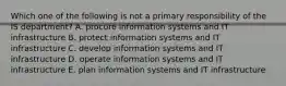 Which one of the following is not a primary responsibility of the IS​ department? A. procure information systems and IT infrastructure B. protect information systems and IT infrastructure C. develop information systems and IT infrastructure D. operate information systems and IT infrastructure E. plan information systems and IT infrastructure