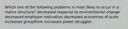 Which one of the following problems is most likely to occur in a matrix structure? decreased response to environmental change decreased employee motivation decreased economies of scale increased groupthink increased power struggles