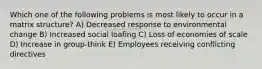 Which one of the following problems is most likely to occur in a matrix structure? A) Decreased response to environmental change B) Increased social loafing C) Loss of economies of scale D) Increase in group-think E) Employees receiving conflicting directives