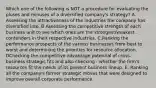 Which one of the following is NOT a procedure for evaluating the pluses and minuses of a diversified company's strategy? A. Assessing the attractiveness of the industries the company has diversified into. B Assessing the competitive strength of each business unit to see which ones are the strongest/weakest . contenders in their respective industries. C.Ranking the performance prospects of the various businesses from best to worst and determining the priorities for resource allocation. DChecking the competitive advantage potential of cross-business strategic fits and also checking . whether the firm's resources fit the needs of its present business lineup. E. Ranking all the company's former strategic moves that were designed to improve overall corporate performance.