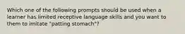 Which one of the following prompts should be used when a learner has limited receptive language skills and you want to them to imitate "patting stomach"?