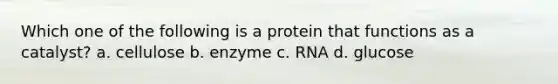 Which one of the following is a protein that functions as a catalyst? a. cellulose b. enzyme c. RNA d. glucose