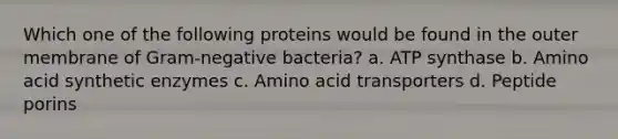 Which one of the following proteins would be found in the outer membrane of Gram-negative bacteria? a. ATP synthase b. Amino acid synthetic enzymes c. Amino acid transporters d. Peptide porins