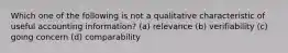 Which one of the following is not a qualitative characteristic of useful accounting information? (a) relevance (b) verifiability (c) going concern (d) comparability