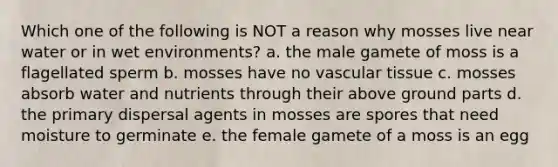 Which one of the following is NOT a reason why mosses live near water or in wet environments? a. the male gamete of moss is a flagellated sperm b. mosses have no <a href='https://www.questionai.com/knowledge/k1HVFq17mo-vascular-tissue' class='anchor-knowledge'>vascular tissue</a> c. mosses absorb water and nutrients through their above ground parts d. the primary dispersal agents in mosses are spores that need moisture to germinate e. the female gamete of a moss is an egg