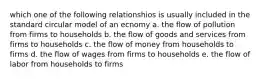 which one of the following relationshios is usually included in the standard circular model of an ecnomy a. the flow of pollution from firms to households b. the flow of goods and services from firms to households c. the flow of money from households to firms d. the flow of wages from firms to households e. the flow of labor from households to firms