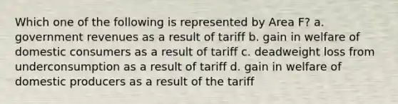 Which one of the following is represented by Area F? a. government revenues as a result of tariff b. gain in welfare of domestic consumers as a result of tariff c. deadweight loss from underconsumption as a result of tariff d. gain in welfare of domestic producers as a result of the tariff