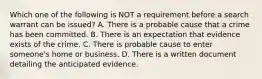 Which one of the following is NOT a requirement before a search warrant can be issued? A. There is a probable cause that a crime has been committed. B. There is an expectation that evidence exists of the crime. C. There is probable cause to enter someone's home or business. D. There is a written document detailing the anticipated evidence.