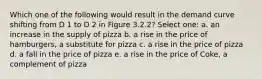 Which one of the following would result in the demand curve shifting from D 1 to D 2 in Figure 3.2.2? Select one: a. an increase in the supply of pizza b. a rise in the price of hamburgers, a substitute for pizza c. a rise in the price of pizza d. a fall in the price of pizza e. a rise in the price of Coke, a complement of pizza