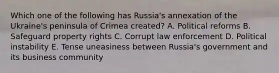 Which one of the following has​ Russia's annexation of the​ Ukraine's peninsula of Crimea​ created? A. Political reforms B. Safeguard property rights C. Corrupt law enforcement D. Political instability E. Tense uneasiness between​ Russia's government and its business community