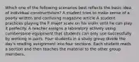 Which one of the following scenarios best reflects the basic idea of individual constructivism? A student tries to make sense of a poorly written and confusing magazine article A student practices playing the F major scale on his violin until he can play it perfectly. A teacher assigns a laboratory activity using cumbersome equipment that students can only use successfully by working in pairs. Four students in a study group divide the day's reading assignment into four sections. Each student reads a section and then teaches the material to the other group members.