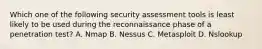 Which one of the following security assessment tools is least likely to be used during the reconnaissance phase of a penetration test? A. Nmap B. Nessus C. Metasploit D. Nslookup