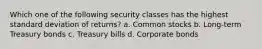 Which one of the following security classes has the highest standard deviation of returns? a. Common stocks b. Long-term Treasury bonds c. Treasury bills d. Corporate bonds