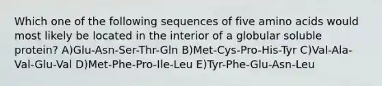 Which one of the following sequences of five amino acids would most likely be located in the interior of a globular soluble protein? A)Glu-Asn-Ser-Thr-Gln B)Met-Cys-Pro-His-Tyr C)Val-Ala-Val-Glu-Val D)Met-Phe-Pro-Ile-Leu E)Tyr-Phe-Glu-Asn-Leu