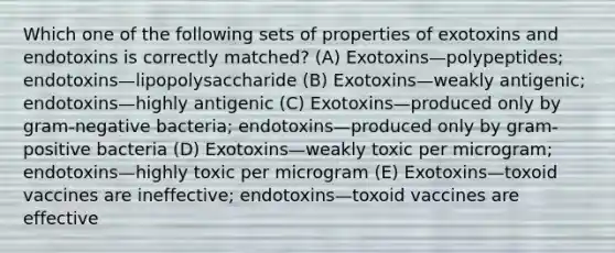 Which one of the following sets of properties of exotoxins and endotoxins is correctly matched? (A) Exotoxins—polypeptides; endotoxins—lipopolysaccharide (B) Exotoxins—weakly antigenic; endotoxins—highly antigenic (C) Exotoxins—produced only by gram-negative bacteria; endotoxins—produced only by gram-positive bacteria (D) Exotoxins—weakly toxic per microgram; endotoxins—highly toxic per microgram (E) Exotoxins—toxoid vaccines are ineffective; endotoxins—toxoid vaccines are effective