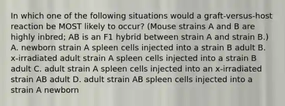 In which one of the following situations would a graft-versus-host reaction be MOST likely to occur? (Mouse strains A and B are highly inbred; AB is an F1 hybrid between strain A and strain B.) A. newborn strain A spleen cells injected into a strain B adult B. x-irradiated adult strain A spleen cells injected into a strain B adult C. adult strain A spleen cells injected into an x-irradiated strain AB adult D. adult strain AB spleen cells injected into a strain A newborn